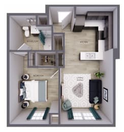 A diagram of a small apartment with a bedroom, bathroom, kitchen, and living room.