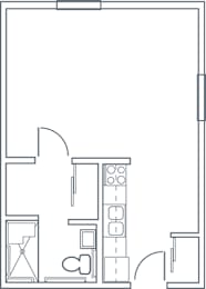 A floor plan of a room with a kitchen, living room, and bathroom.