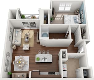 3D floor plan with one bedroom layout | 860 Sq. Ft.at Colony at Centerpointe Apartments, Midlothian, VA 23114