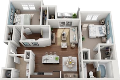 3D floor plan with two bedrooms and open living area at Colony at Centerpointe Apartments, Midlothian, 23114
