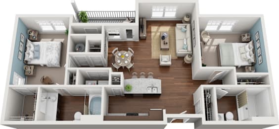 3D floor plan with two bedrooms | 1,220 Sq. Ft. at Colony at Centerpointe Apartments, Midlothian
