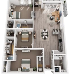 A top-down view of a small apartment with a kitchen, living room, and bedroom.