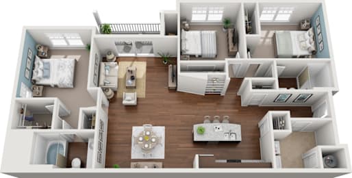 3D floor plan with multiple bedrooms | 1,482 Sq. Ft. at Colony at Centerpointe Apartments, Virginia, 23114