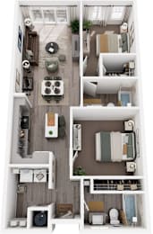 A top-down view of a small apartment with a kitchen, living room, and bedroom.