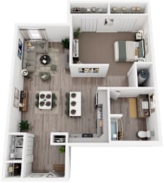 A top-down view of a small apartment with a living room, kitchen, and bathroom.