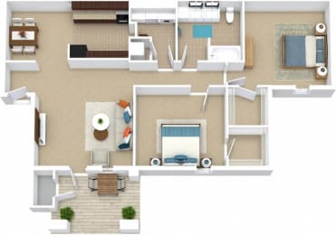 2 Bed 1 Bath Floor Plan | 1,178-1,296 Sq. Ft. at Bedford Parke Apartments, Warner Robins Georgia