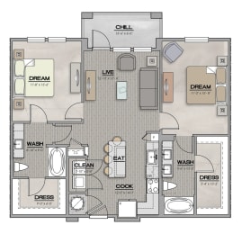 2 Bed 2 Bath Floor Plan | 1,105 Sq. Ft. at The Louis Apartment Flats, Kentucky, 40241