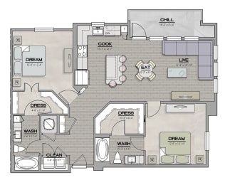 2 Bed 2 Bath Floor Plan | 1,230 Sq. Ft. at The Louis Apartment Flats, Louisville, 40241