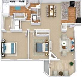 A floor plan of a house with a living room, kitchen, dining room, and two bedrooms.