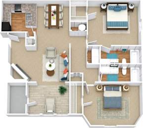 A floor plan of a house with a living room, kitchen, and two bedrooms.