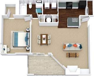 A top-down view of a small apartment with a kitchen, living room, and bedroom.