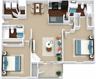 A floor plan of a house with a living room, kitchen, and two bedrooms.