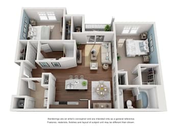 A 3D rendering of a house layout with a kitchen, living room, and bedrooms.