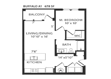 1 Bed 1 Bath Floor Plan | 678 Sq. Ft.