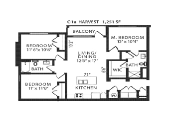 3 Bed 2 Bath Floor Plan | 1,251 Sq. Ft.