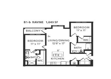 2 Bed 2 Bath Floor Plan | 1,049 Sq. Ft.