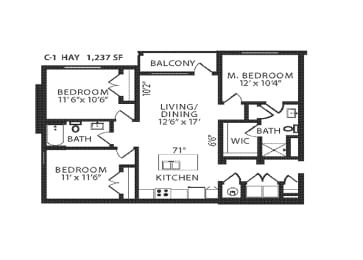 3 Bed 2 Bath Floor Plan | 1,237 Sq. Ft.
