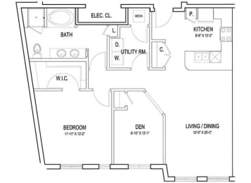 1 Bed 1 Bath Floor Plan with 1,055 Sq. Ft. at Flats at West Broad Village, Glen Allen, VA 23060