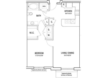 a floor plan of a bedroom apartment at Flats at West Broad Village, Glen Allen
