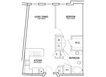 a floor plan of a small apartment at Flats at West Broad Village, Virginia
