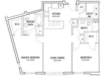 1 Bed 1 Bath Floor Plan with 1,086 Sq. Ft. at Flats at West Broad Village, Glen Allen, 23060