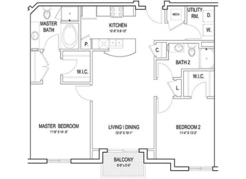 2 Bed 2 Bath Floor Plan with 1,164 Sq. Ft. at Flats at West Broad Village, Virginia