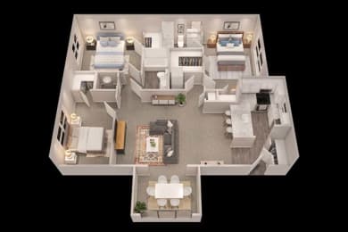 bedroom floor plan an in 3d at Trails at Short Pump Apartments, Richmond