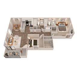 A detailed 3D floor plan of a two-story residential apartment.