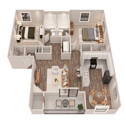 A 3D floor plan of a house showing a kitchen, living room, dining room, and bedrooms.