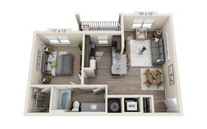 1 Bed 1 Bath Floor Plan | 696 Sq. Ft. at The Whitworth, Williamsburg, VA