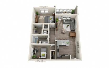 2 Bed 1 Bath Floor Plan | 902 Sq. Ft.  at The Whitworth, Virginia