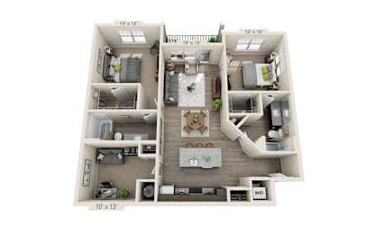 2 Bed 2 Bath Floor Plan | 1,245 Sq. Ft. at The Whitworth, Williamsburg, VA 23185