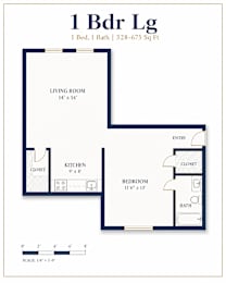 A floor plan for a 1 Bedroom, 1 Bathroom apartment sized 528-675 square feet.
