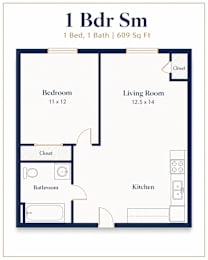 A floor plan of a 1 Bedroom Studio apartment with a bedroom, living room, kitchen, and bathroom.