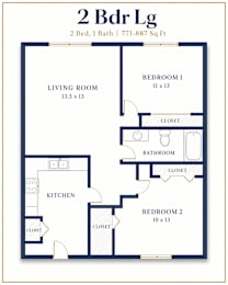 A 2 Bedroom Living Room apartment layout with a kitchen and two closets.
