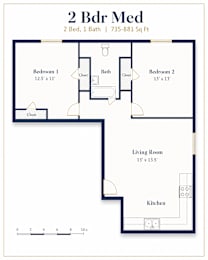 A floor plan of a 2 Bedroom, 1 Bathroom apartment sized at 735-881 square feet.