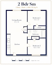 A floor plan for a 2 bedroom, 1 bathroom apartment sized 690-735 square feet.