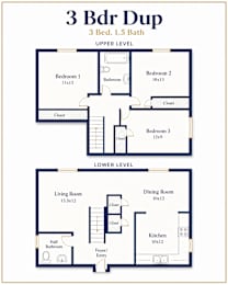 A floor plan for a 3 Bedroom, 1.5 Bathroom apartment.