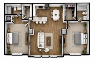 A top-down view of a modern apartment layout with a central living area, kitchen, and bedrooms.