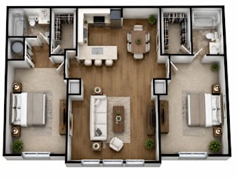 A top-down view of a modern apartment layout with a central living area, bedrooms, and bathrooms.