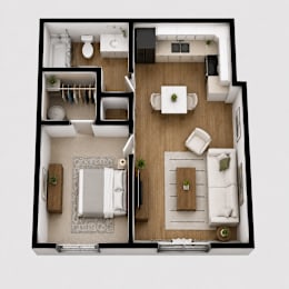 A top-down view of a small, modern apartment with a kitchen, living room, and bathroom.