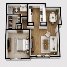 A top-down view of a modern apartment layout with a living room, dining area, kitchen, and bedrooms.