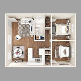 A top-down view of a well-organized bedroom with a bed, dresser, and wardrobe.