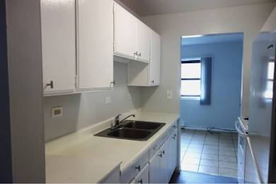 A kitchen with white cabinets and a black fridge.