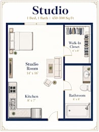 A floor plan of a studio apartment with a bed, bathroom, kitchen, and a studio room.
