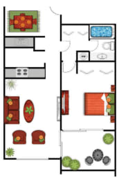 a floor plan of a small house with a living room and a patio