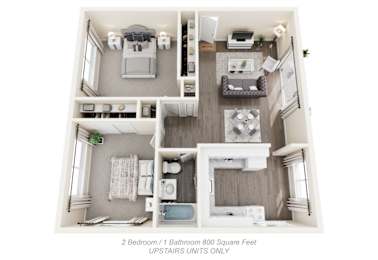 Monterey Manor 3D diagram of the 2 bed 1 bath apartment with 800 square feet