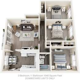 Monterey Manor 3D diagram of the 3 bed 1 bath apartment with 1040 square feet
