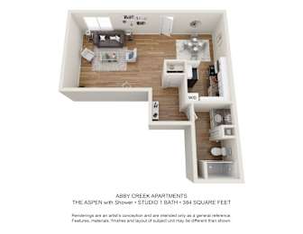 Floor plan The Aspen with Shower Studio 384 sq ft
