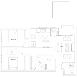 A floor plan of a house with two bedrooms, a living room, a bathroom, and a kitchen.